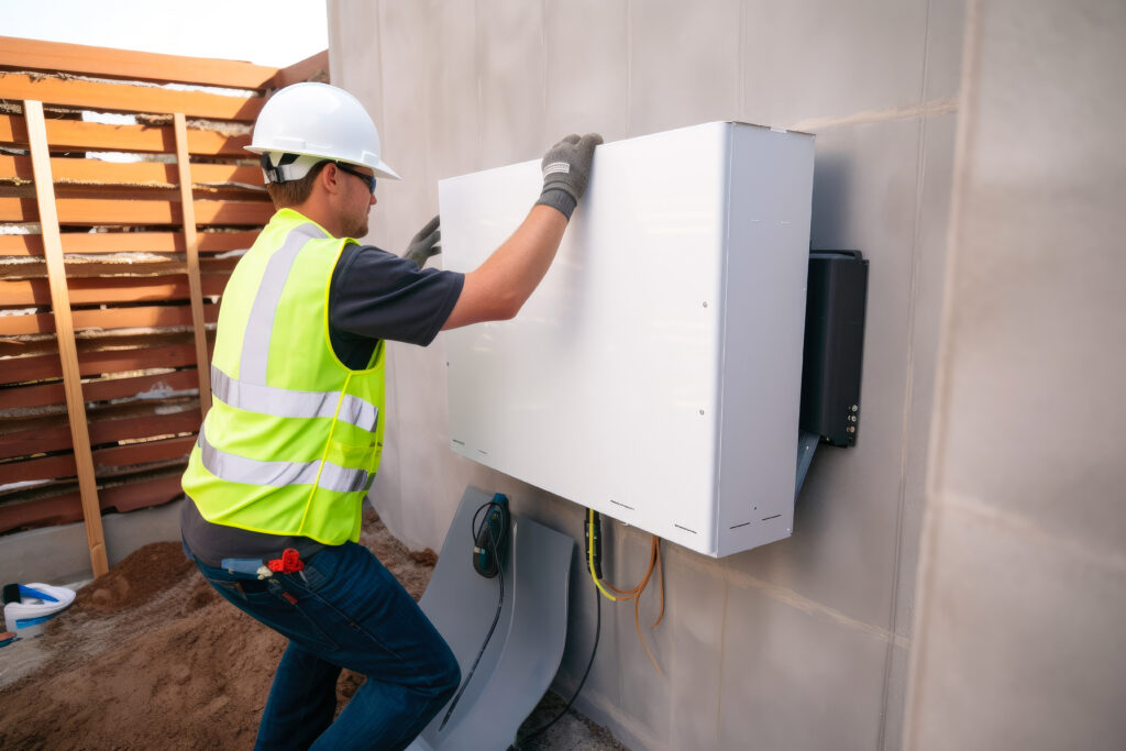 Worker installing home battery. Self sufficient household. Modern household, constructing new house. Generative ai.